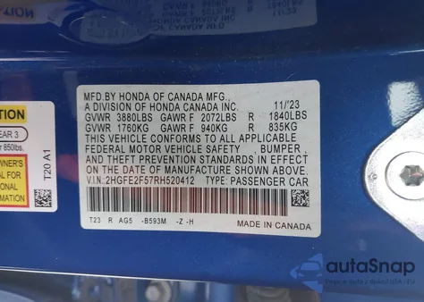 2024 Honda Civic Sport from USA, damaged, VIN 2HGFE2F57RH520412